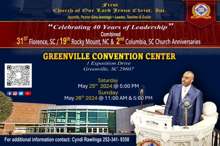 May 25 – 26, 2024 – Greenville, SC / Apostle, Pastor Gino Jennings / Service & Baptism